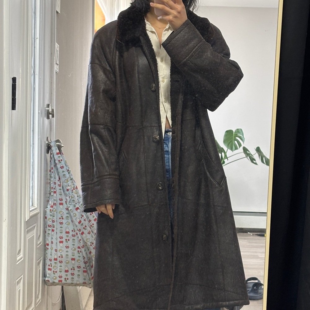 Werner Christ 100% Lambskin Leather Brown Long Trench Coat with Real Fur Collar